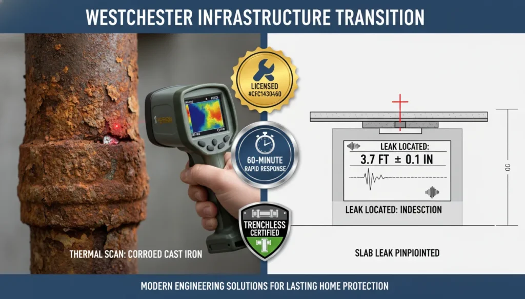 A professional master plumber inspecting a Westchester home's aging cast iron pipe using a high-definition thermal imaging camera and acoustic leak detection sensors to ensure non-invasive repair.