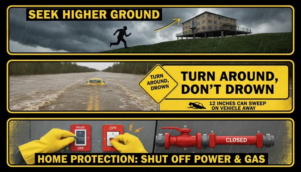 Infographic showing flash flood emergency safety steps including moving to higher ground, avoiding flooded roads, and turning off home utilities.