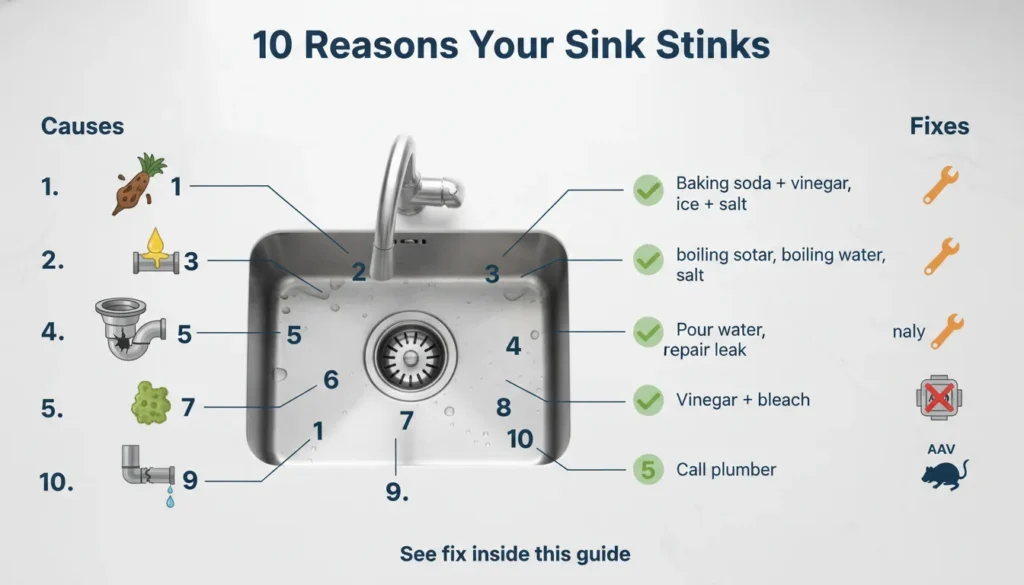 Infographic showing a kitchen sink with 10 numbered causes of bad smell around it. Each cause has a small fix icon next to it. Causes include rotting food, grease buildup, dirty garbage disposal, dry P-trap, mold, sewer line, vent issue, leaking pipe, AAV failure, and dead animal. Fixes include baking soda, vinegar, boiling water, ice and salt, calling plumber, and water flush.