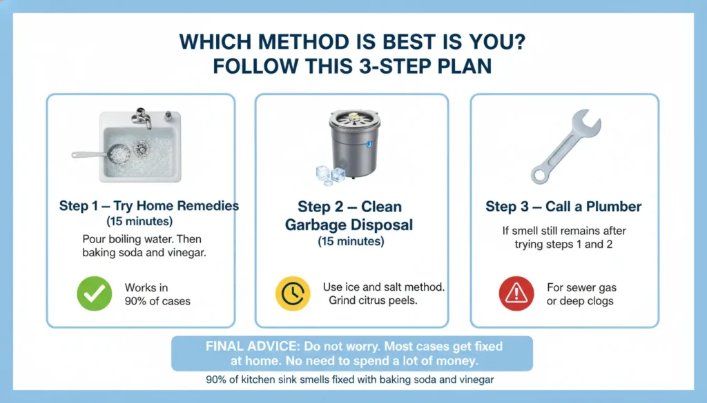 A simple 3 step chart showing how to fix a smelly kitchen sink. Step 1 try baking soda and vinegar for 15 minutes. Step 2 clean garbage disposal with ice and salt. Step 3 call a plumber if smell remains. Final advice says 90 percent of cases fixed at home.