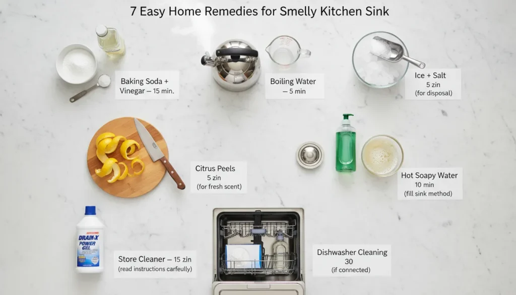 Seven easy home remedies for smelly kitchen sink shown step by step including baking soda and vinegar, boiling water, ice and salt, citrus peels, hot soapy water, store bought drain cleaner, and dishwasher cleaning.