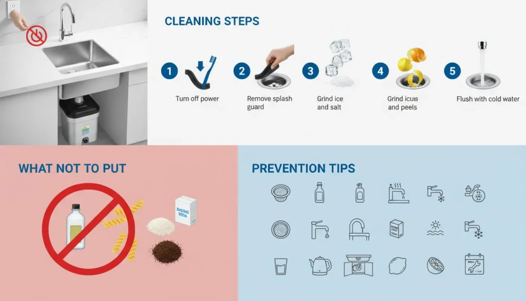 A clean kitchen sink with a garbage disposal unit shown underneath. Arrows point to five cleaning steps: turn off power, remove splash guard, grind ice and salt, grind citrus peels, flush with cold water. A red "No" symbol over bleach, pasta, rice, and coffee grounds. A green checkmark on prevention tips like drain strainer, no grease, hot water, and weekly baking soda.
