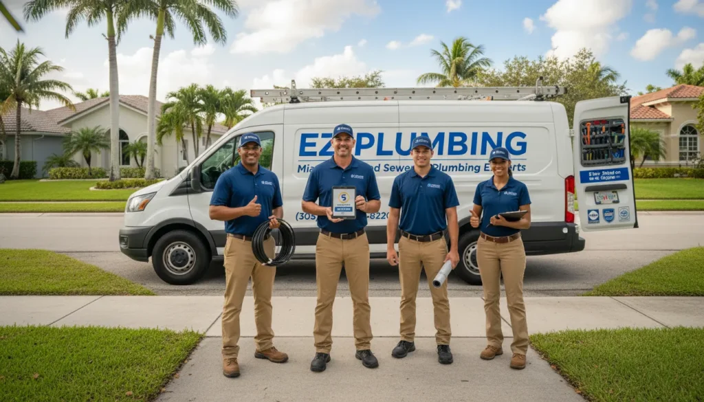 Real photo of the EZ Plumbing team in Miami – professional plumbers in clean uniforms standing in front of a branded work van in a nice Florida neighborhood. Confident, friendly, and ready to help with sewer spot repair.