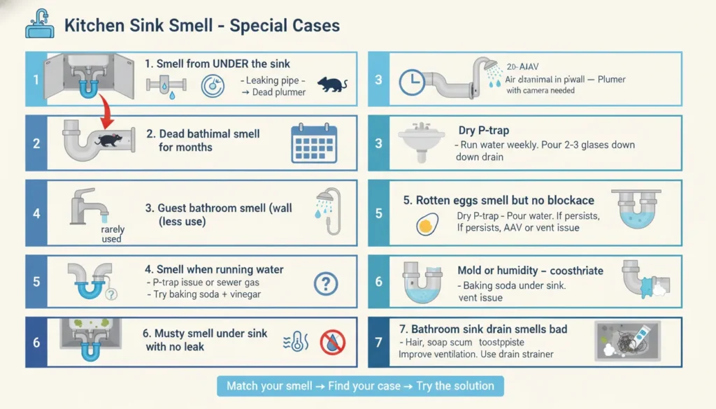 A helpful chart showing 7 common kitchen sink smell problems. First case shows smell from under sink. Second case shows dead animal smell lasting months. Third case shows guest bathroom smell from less use. Fourth case shows smell when running water. Fifth case shows rotten eggs smell with no blockage. Sixth case shows musty smell under sink with no leak. Seventh case shows bathroom sink drain smell. Each case has a simple solution.
