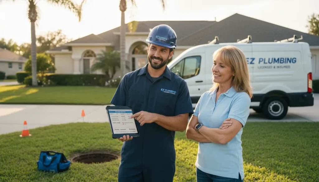 Real photo of a professional plumber in uniform standing in a well-maintained residential yard, holding a tablet showing cost breakdown ($500-$3,500) and pros and cons list. The plumber is explaining options to a homeowner. Clean lawn, nice house background, no mess.
