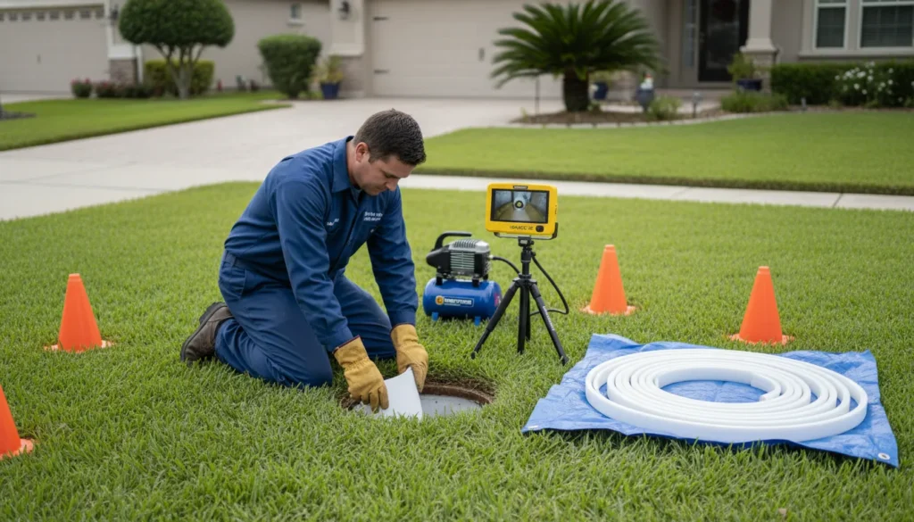 Real photo of a licensed plumber performing sewer spot repair. The image shows a technician inserting a flexible CIPP liner into an underground pipe through a small access hole in a green lawn, with no digging or yard destruction visible.