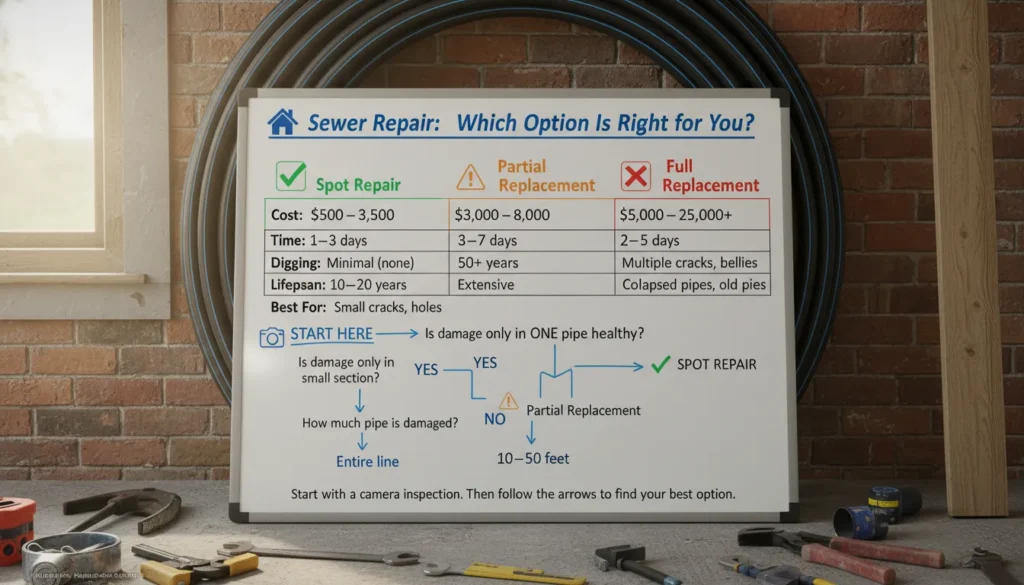 Real photo of a printed or digital comparison chart showing three sewer repair options: Spot Repair, Partial Replacement, and Full Replacement. The chart includes cost, time, digging amount, lifespan, and a decision flowchart with arrows showing when to choose each option.
