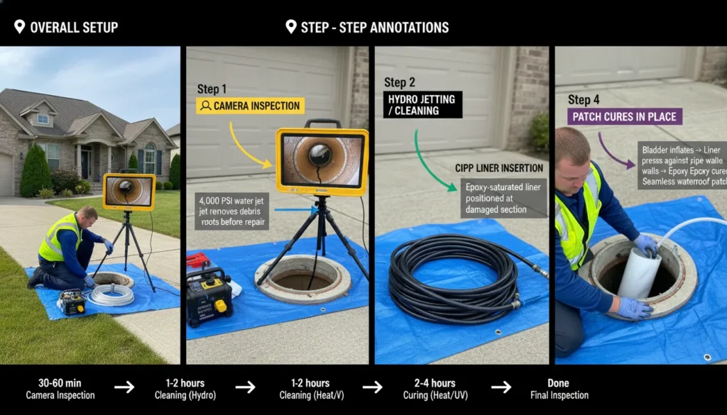 Real photo showing the step-by-step sewer spot repair process. A plumber inserts a flexible epoxy liner into a small access hole while a camera monitor displays the damaged pipe section. Annotations on the image label: Camera Inspection, Cleaning, Liner Insertion, Cured Patch.