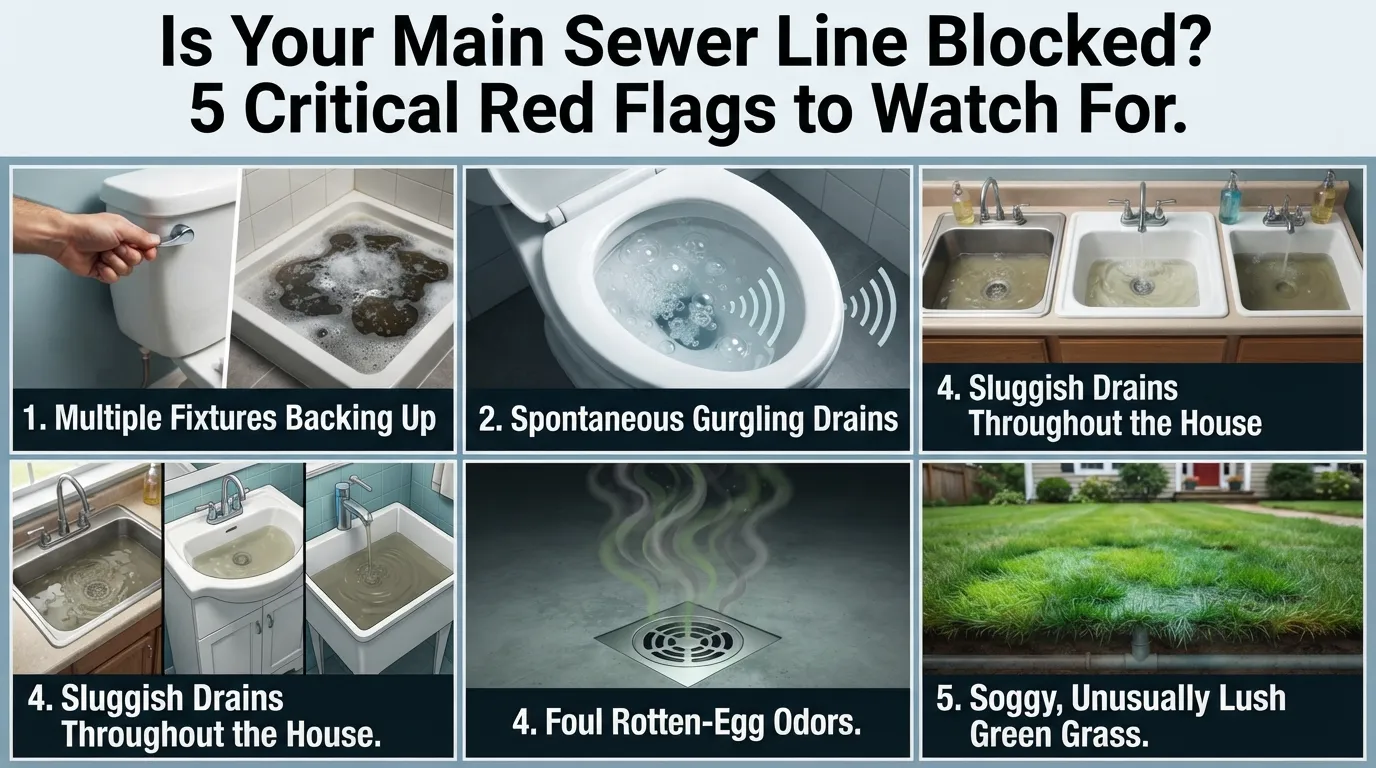 An educational infographic checklist illustrating the 5 critical warning signs of a main sewer line clog, displaying backed-up fixtures, gurgling toilets, slow house-wide drains, sewage odors, and wet lawn patches.
