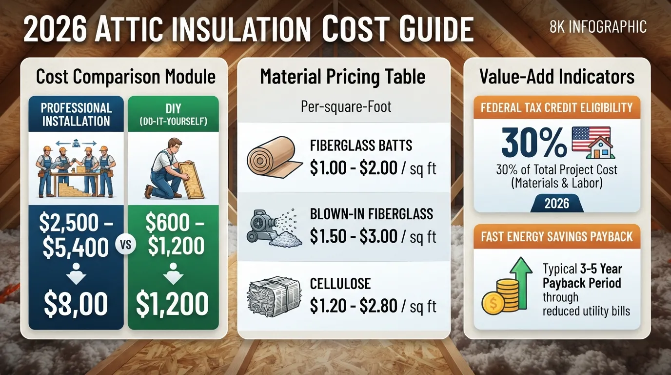 Infographic showing 2026 attic insulation cost breakdown, including installation types, material prices, and professional vs. DIY project comparisons for residential properties.