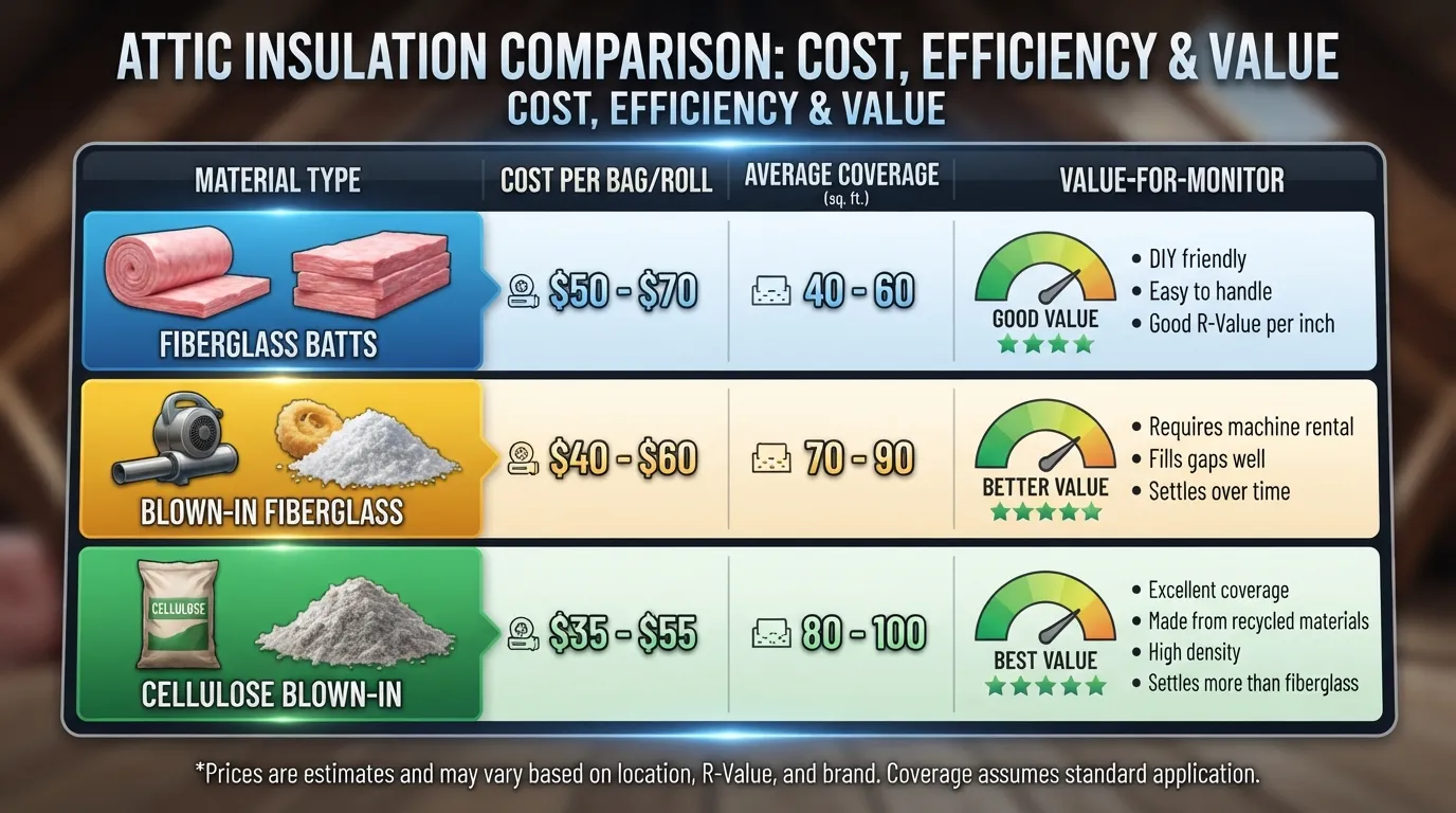 Chart comparing attic insulation types, including fiberglass batts, blown-in fiberglass, and cellulose, with cost per bag and average coverage per square foot.