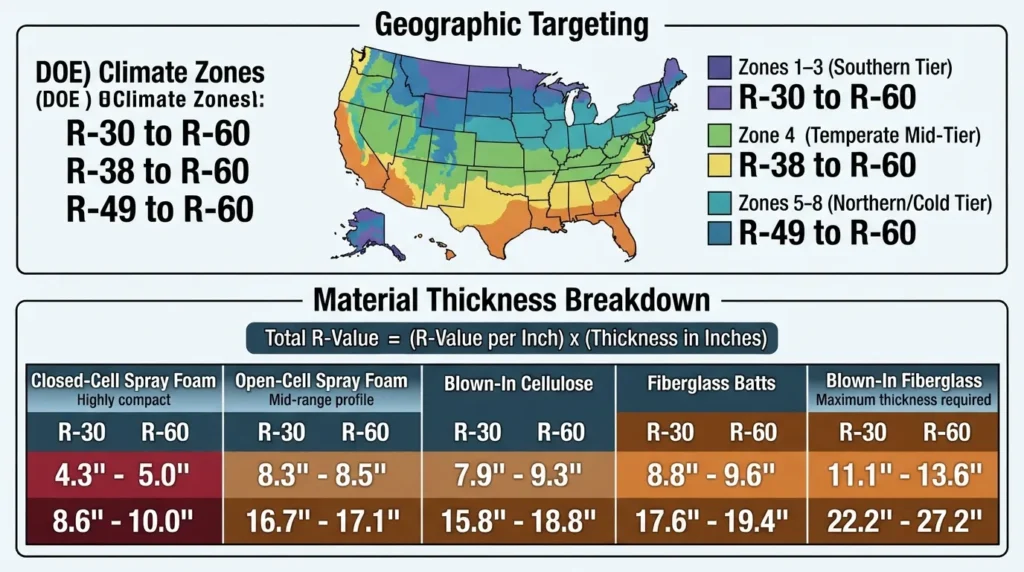 A comprehensive U.S. climate zone map and comparative chart detailing recommended attic insulation R-values ($R\text{-}30$ to $R\text{-}60$) and corresponding material thickness requirements in inches for fiberglass, cellulose, and spray foam.