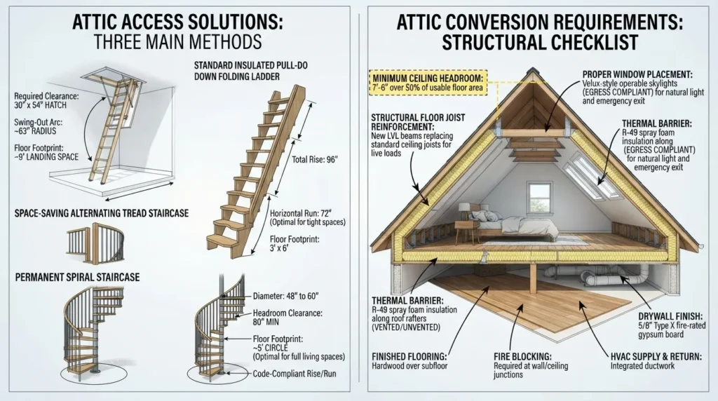 An architectural infographic comparing various attic access solutions, including pull-down ladders, spiral staircases, and traditional space-saving stairs, designed for a loft conversion.