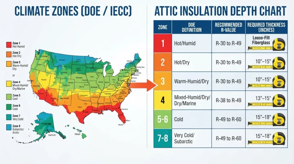 A color-coded United States climate zone map paired side-by-side with a comprehensive insulation depth chart showing required thickness in inches for different R-values.