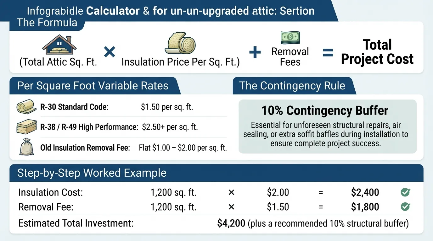 Comprehensive attic insulation cost calculator chart showing total estimated pricing for Miami homes based on attic square footage, R-value material costs, and professional old insulation removal fees.