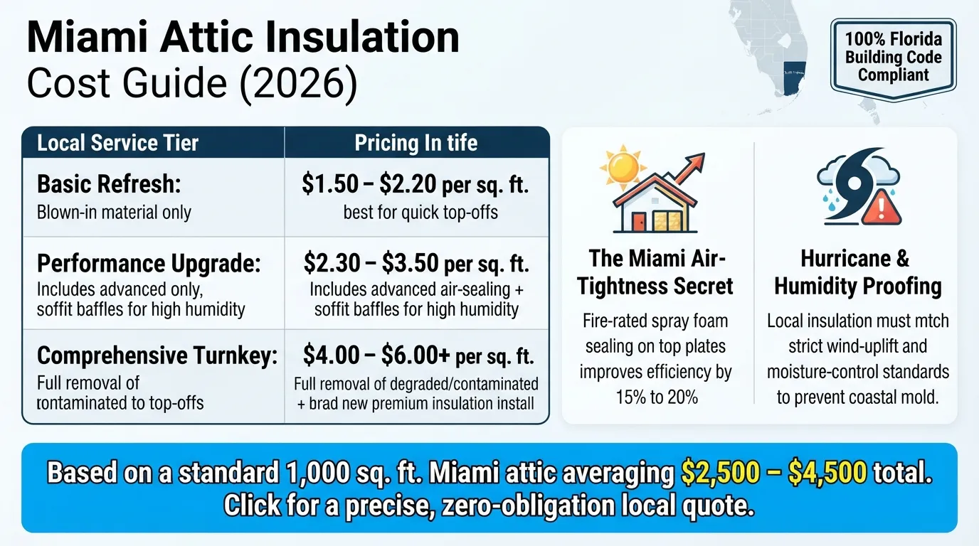 Infographic comparing attic insulation costs in Miami and South Florida per square foot, showing basic refresh, performance upgrade, and comprehensive installation services alongside the Florida Building Code logo.