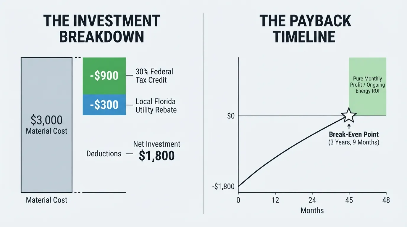 A line graph illustrating the 45-month payback period and return on investment for a $3,000 attic insulation project in Florida after accounting for federal tax credits and utility rebates.