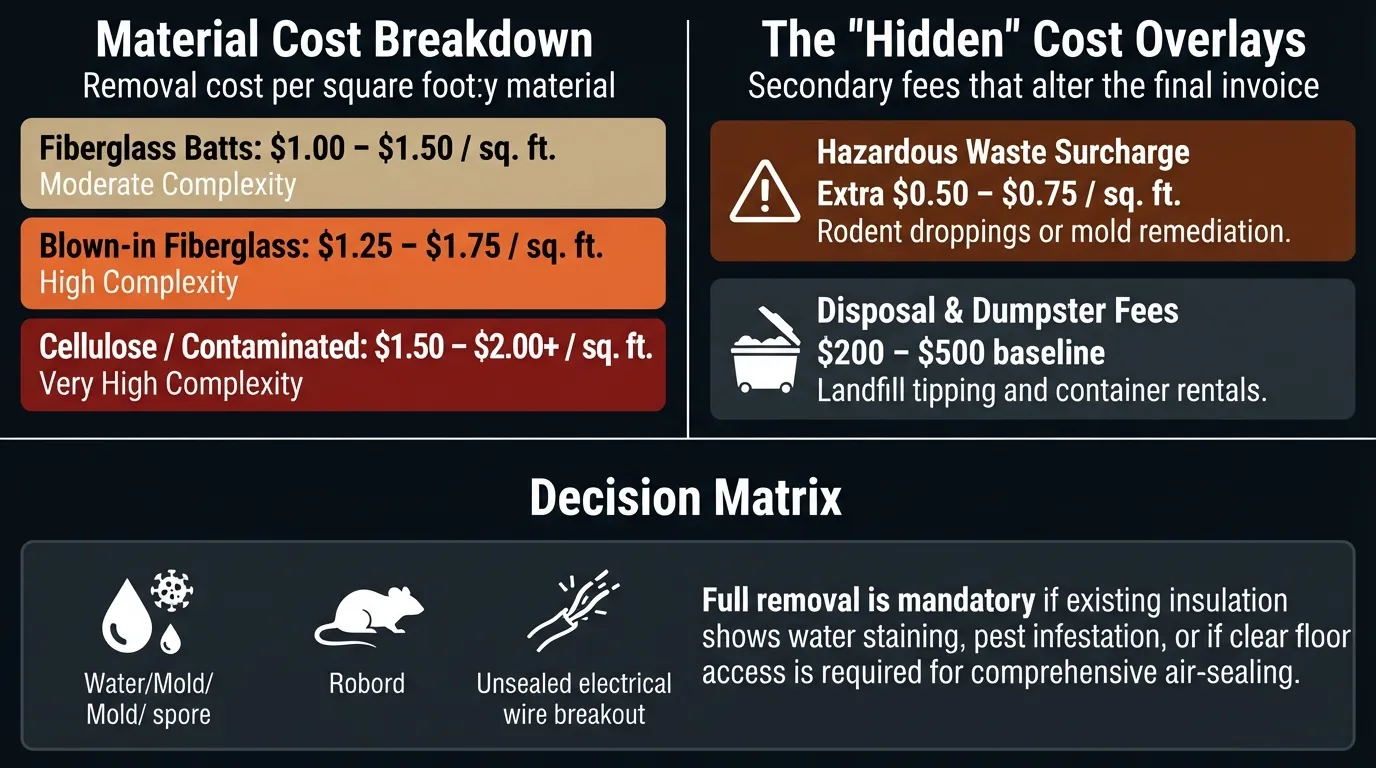 Infographic detailing attic insulation removal costs per square foot in Florida, comparing prices for fiberglass batts, blown-in fiberglass, and contaminated cellulose alongside hidden disposal fees and hazard surcharges.