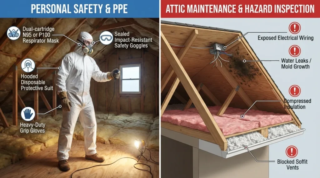 Infographic displaying essential personal protective equipment for insulation installation alongside a visual checklist for attic safety risks like exposed wiring, mold, and blocked vents.