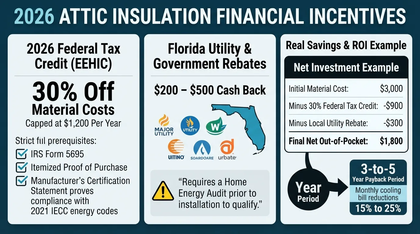 Infographic detailing 2026 federal attic insulation tax credits and Florida utility rebates, showing a 30% savings breakdown up to $1,200 alongside qualification requirements.