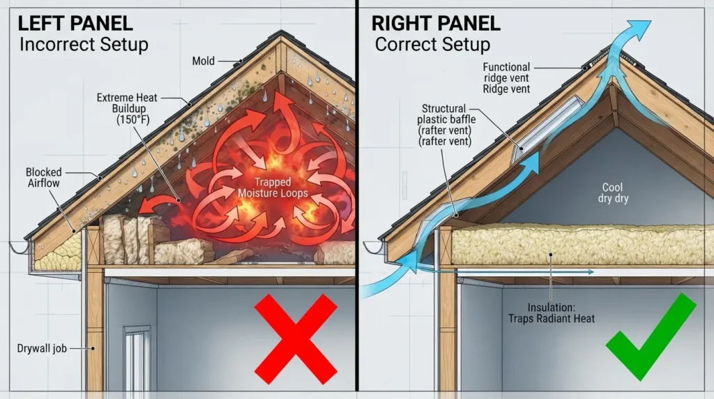 A structural cross-section diagram showing a properly balanced roof system with a thick attic insulation layer blocking thermal transfer and continuous intake-to-exhaust airflow pathing.