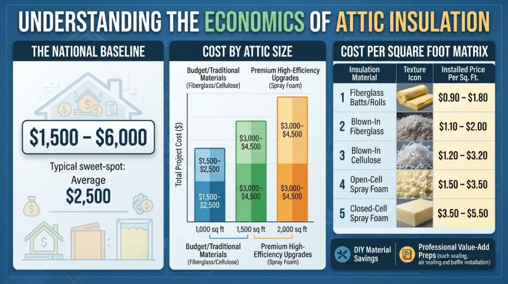 Comprehensive attic insulation cost breakdown chart displaying average installation prices per square foot and total project costs based on home size and material type.