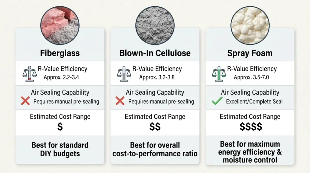 A comprehensive comparison matrix of the best attic insulation types—including fiberglass batts, blown-in cellulose, and spray foam—ranking them by R-value per inch, installation cost, moisture resistance, and air sealing capabilities.