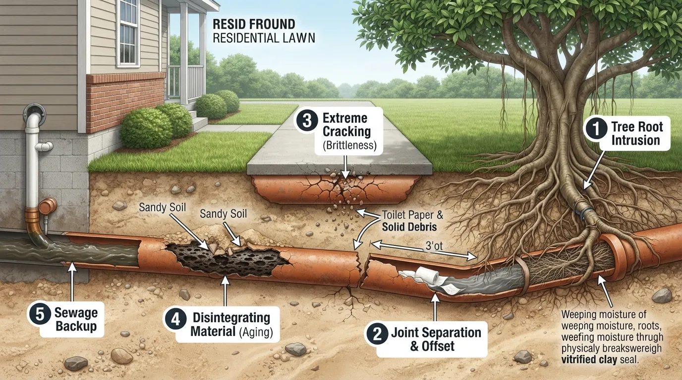 Infographic cross-section illustrating the top 5 clay sewer pipe failures in South Florida sandy soil, showing tree root intrusion, offset joints, brittle cracking, aging structure decay, and a main line sewage backup.