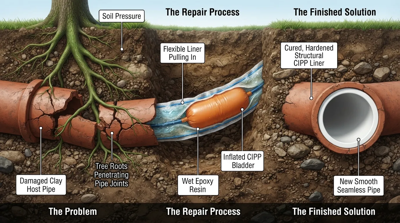 A cross-sectional diagram showing a trenchless clay sewer pipe repair process in Miami, featuring an epoxy-saturated felt liner being fed into a cracked clay pipe to create a seamless, root-proof barrier.