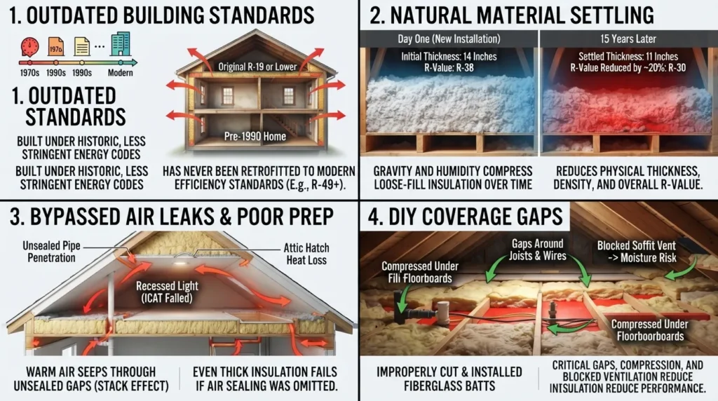 An infographic showing the main reasons homes lack enough attic insulation, including material settling, construction age, bypassed air leaks, and DIY installation errors.