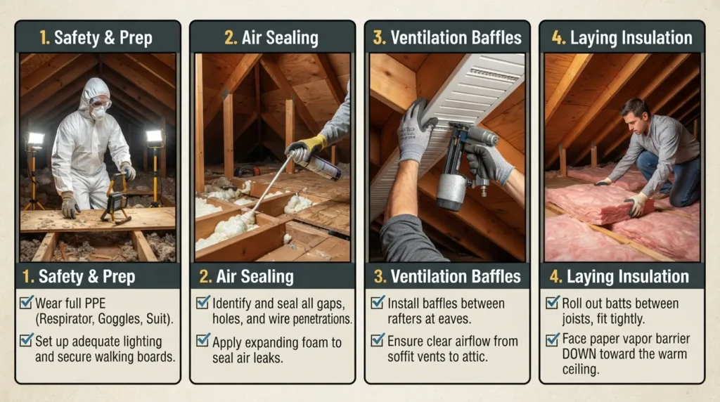 Step-by-step DIY attic insulation installation infographic showing safety gear, air sealing wire penetrations, installing soffit baffles, and laying down fiberglass roll insulation.