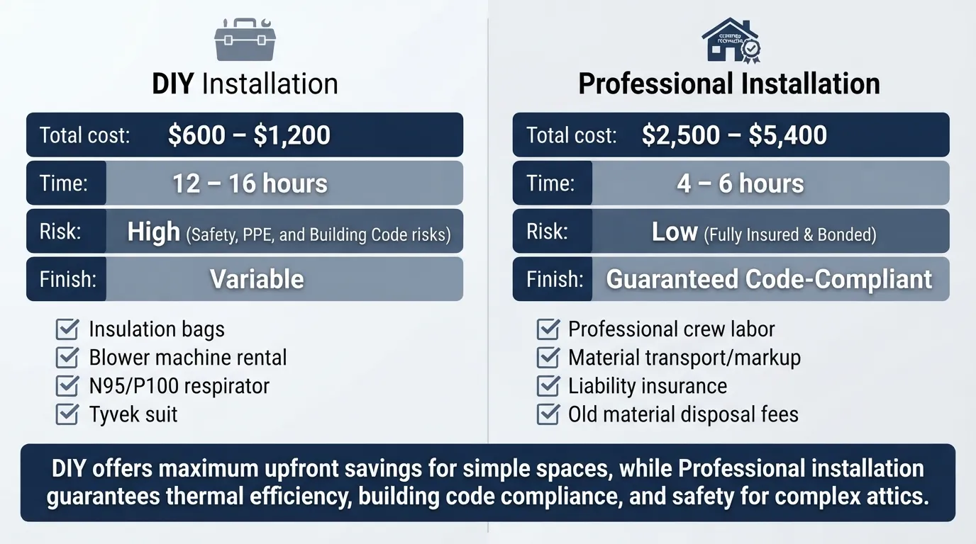 A side-by-side cost and feature comparison infographic contrasting DIY attic insulation setup with professional installation services, detailing price ranges, time requirements, and risk levels.