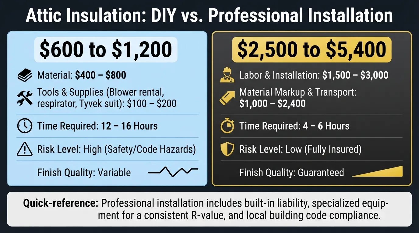 A side-by-side comparison infographic displaying the costs, time requirements, and risks of DIY attic insulation versus professional installation.