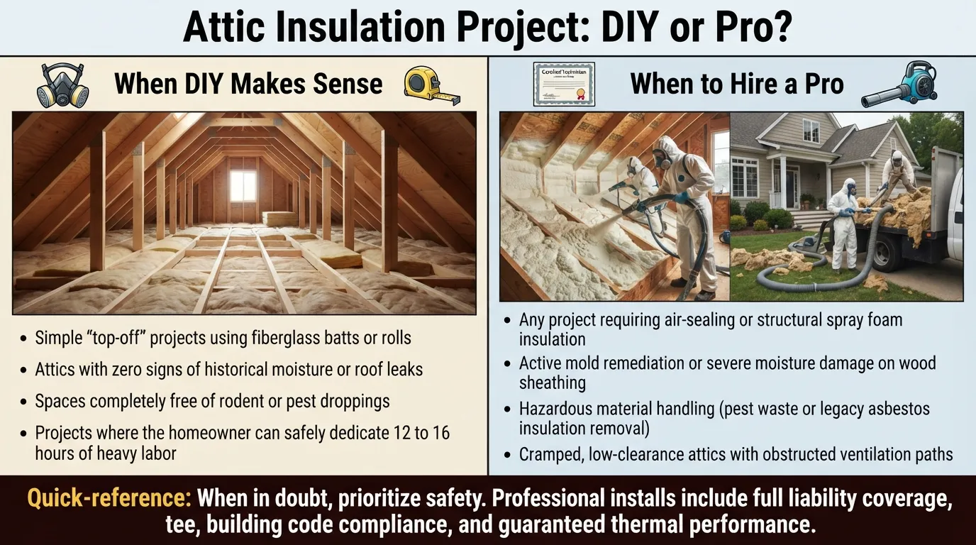 A side-by-side comparison chart titled DIY vs Professional Attic Insulation showcasing criteria for when to self-install versus when to hire a licensed contractor based on attic accessibility, safety risks, and project complexity.