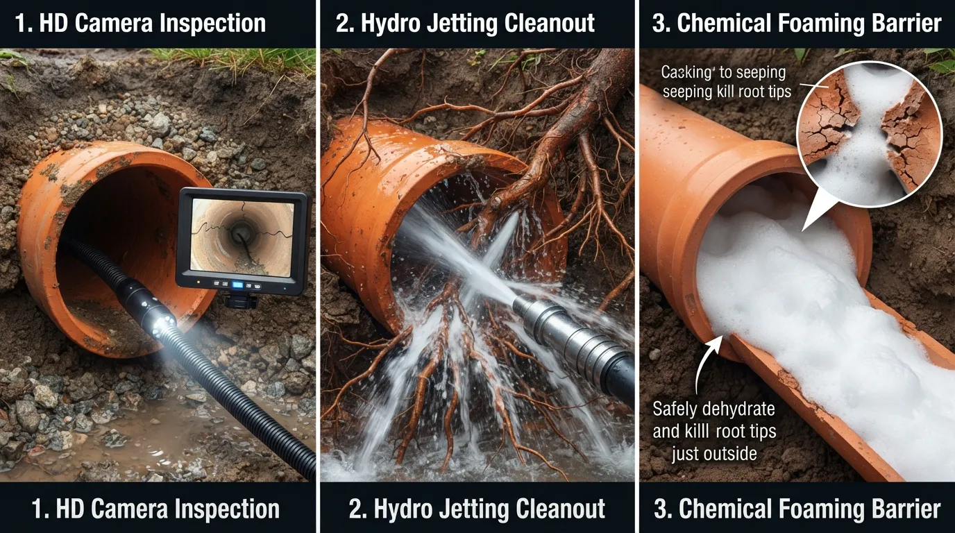 A three-part infographic diagram showing preventative clay sewer pipe maintenance: high-definition camera inspection, high-pressure hydro jetting clearing tree roots, and chemical foaming root killer preventing line damage.