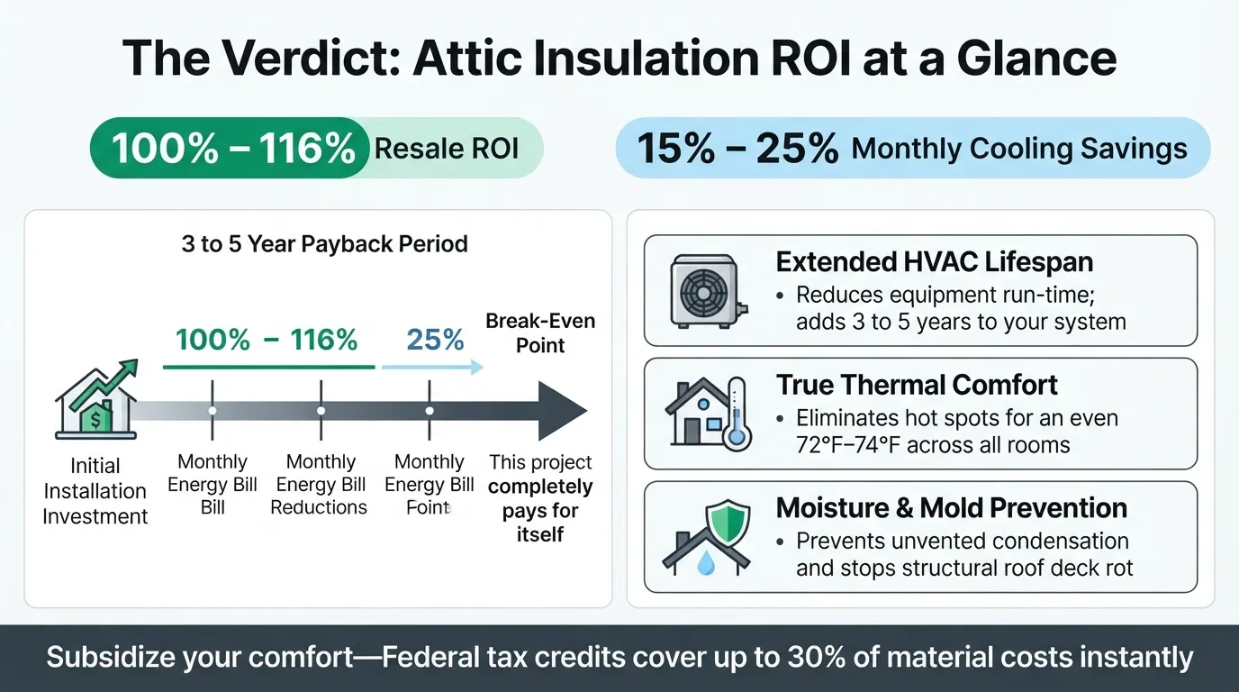An infographic breakdown of Florida attic insulation cost savings, showing an average ROI of 100% to 116% alongside a 3-year to 5-year payback period timeline.