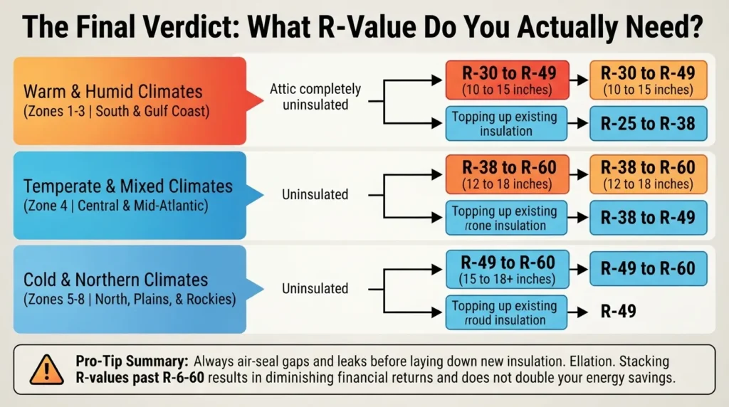 Final verdict decision matrix and flowchart determining your exact recommended attic R-value based on climate zone, regional temperature, and whether you are installing fresh insulation or retrofitting.