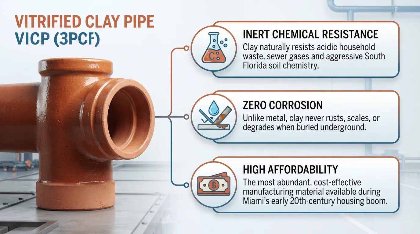 Infographic detailing the three historical benefits of vitrified clay sewer pipes used in South Florida: chemical resistance, zero rust corrosion, and low manufacturing cost.