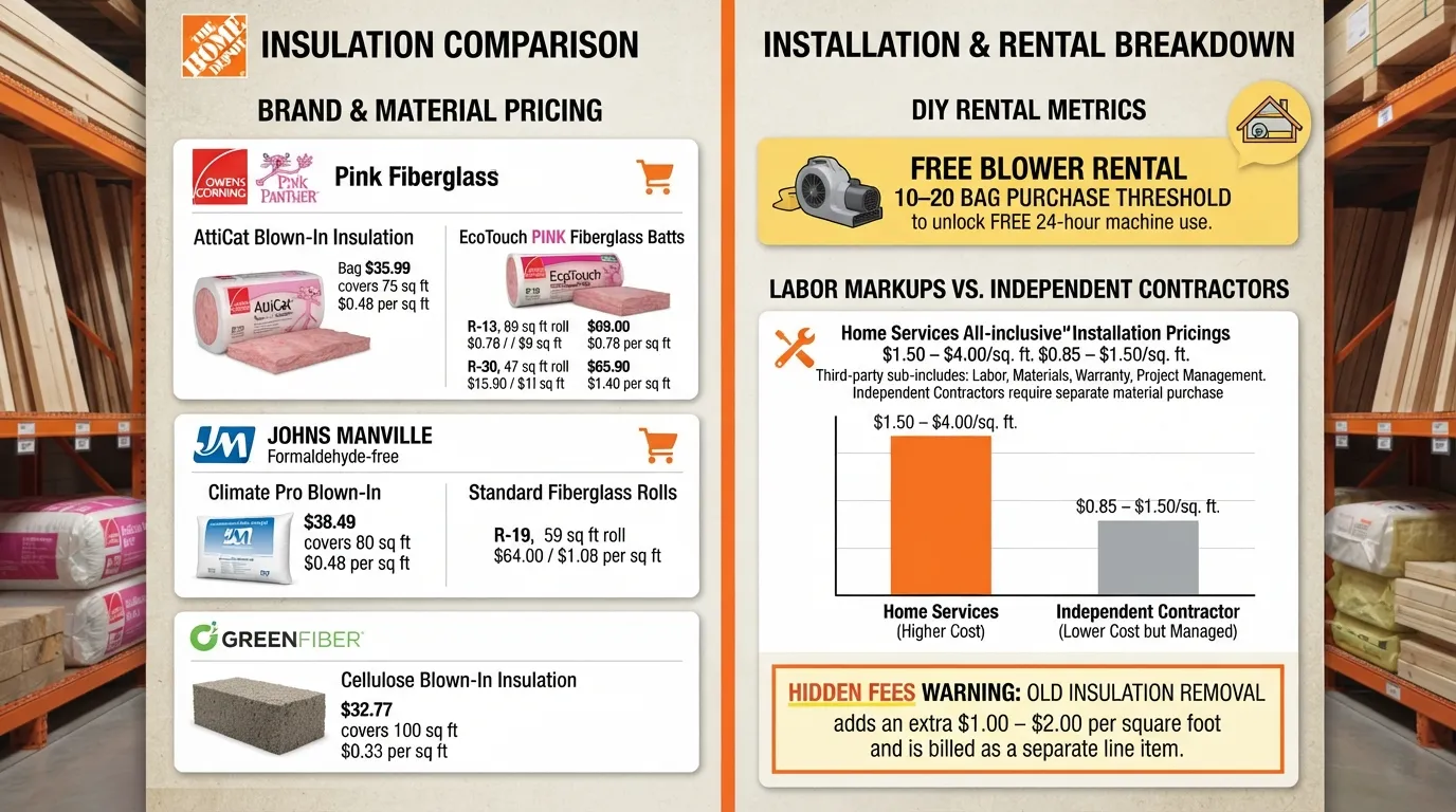 Infographic detailing Home Depot attic insulation costs per square foot for Owens Corning and Johns Manville brands, including blown-in fiberglass, cellulose, and batt options, with labor markups and insulation blower machine rental terms.