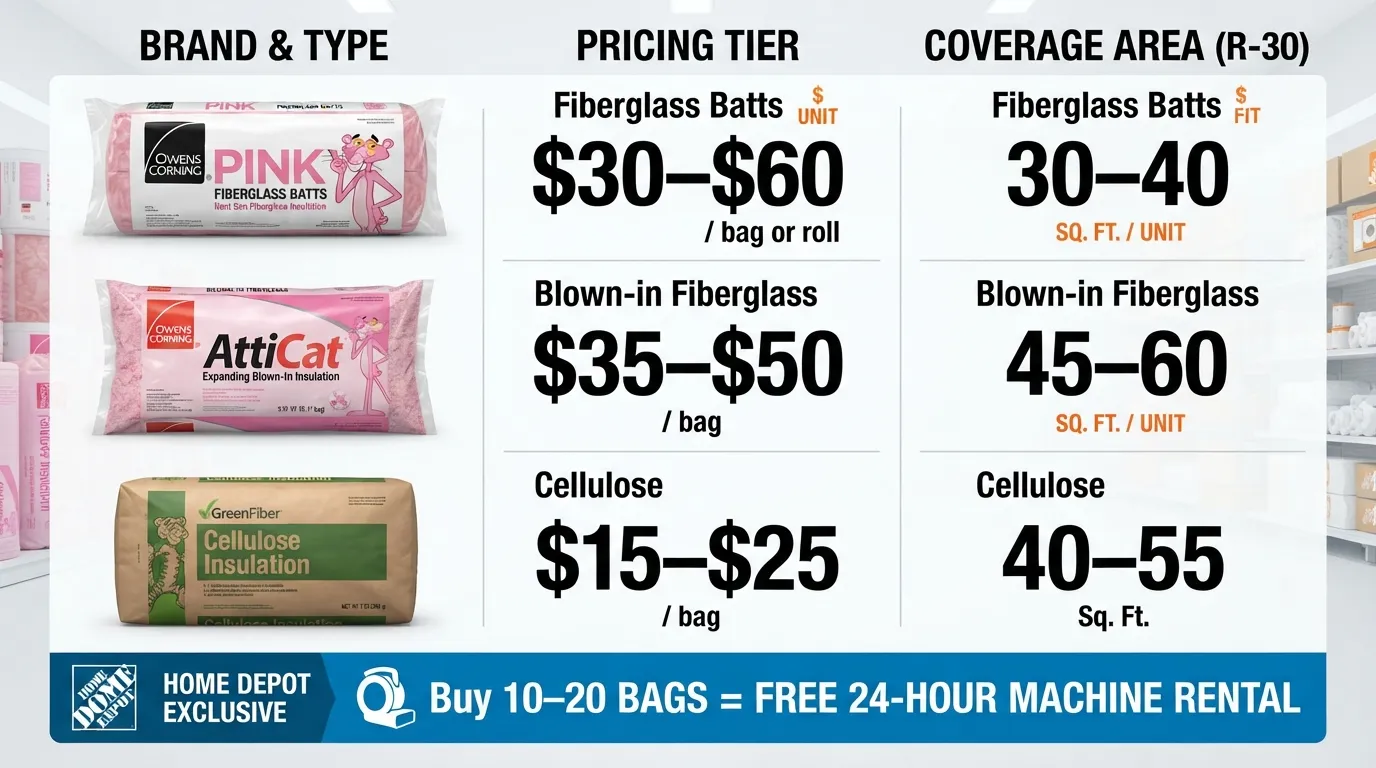 A comparison chart detailing Home Depot attic insulation costs per bag and roll for Owens Corning fiberglass batts, blown-in fiberglass, and cellulose insulation, including typical square foot coverage.
