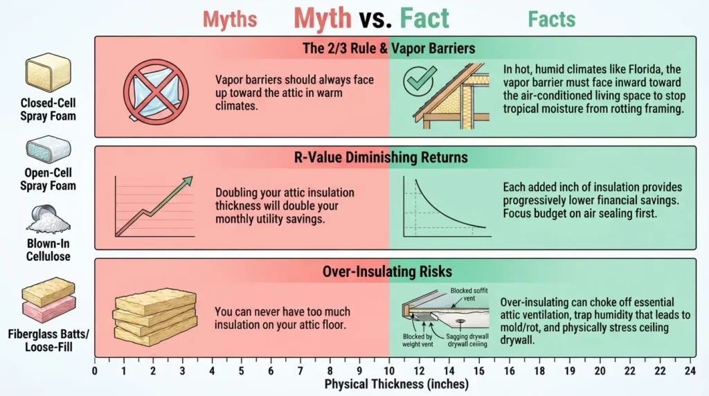 A side-by-side comparison chart illustrating common home insulation myths contrasted with the actual scientific facts regarding vapor barriers, R-value returns, and over-insulation.