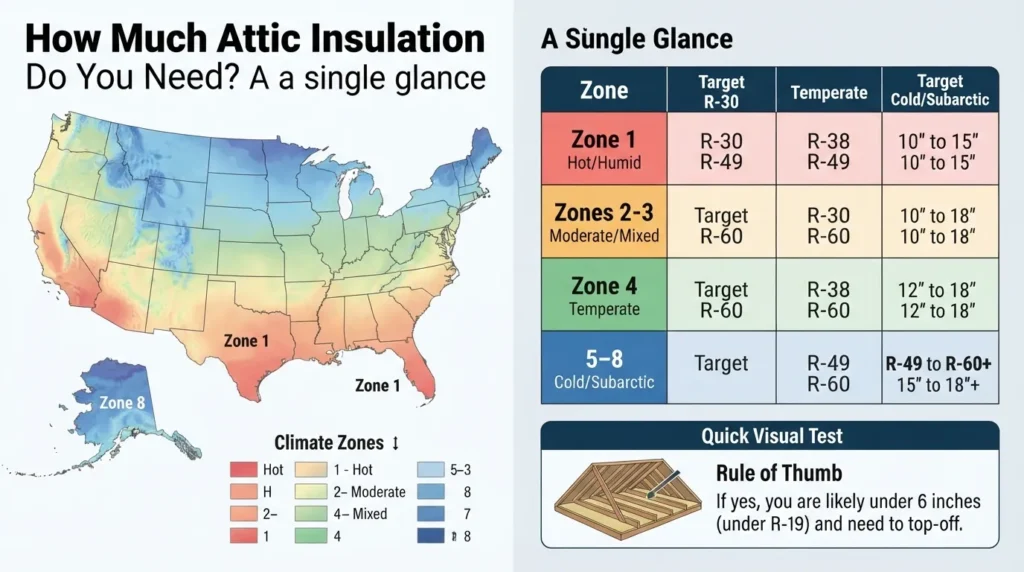 "U.S. climate zone map highlighting recommended attic insulation R-values from Zone 1 to Zone 8 with corresponding material thickness in inches."
