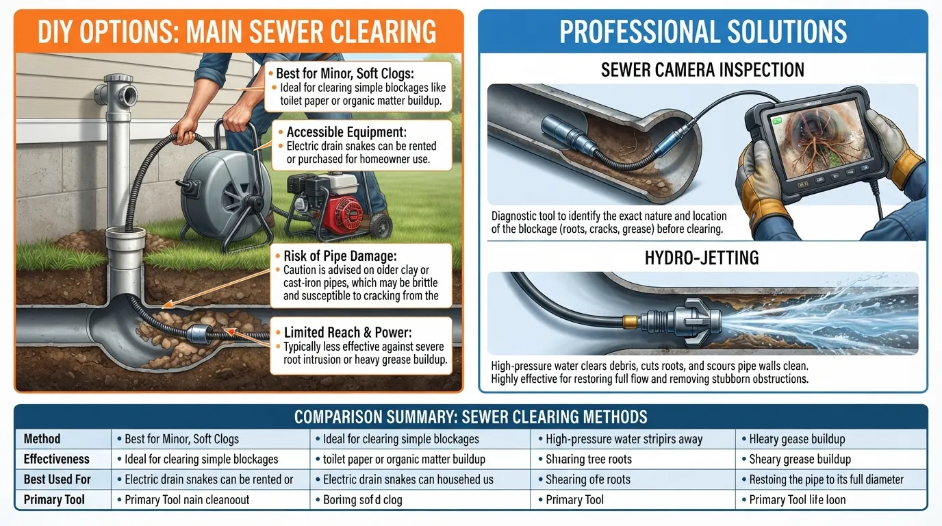 An infographic comparing modern 2026 methods for how to clear a main sewer line clog, illustrating DIY drain snaking, professional sewer camera inspections, and high-pressure hydro-jetting equipment.