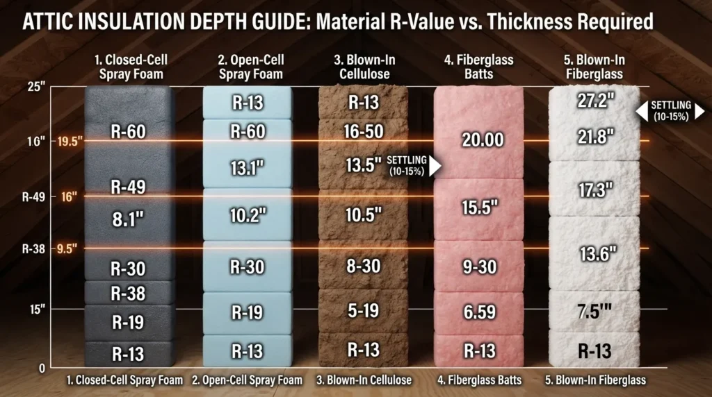A comparative chart displaying the necessary insulation thickness in inches required to achieve R-30, R-38, R-49, and R-60 performance levels across different material types.
