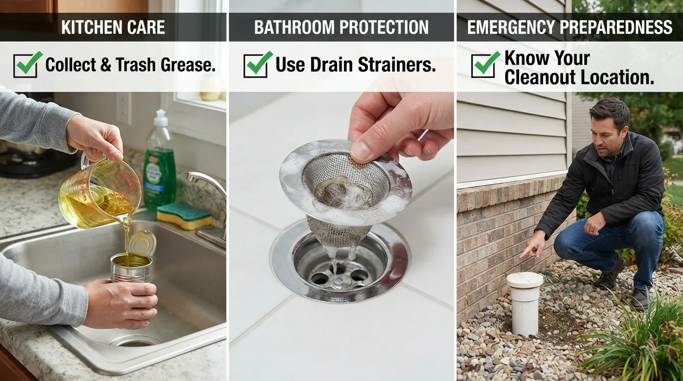 A multi-panel step-by-step visual guide demonstrating essential preventative plumbing maintenance habits to keep household drains and sewer lines clear.