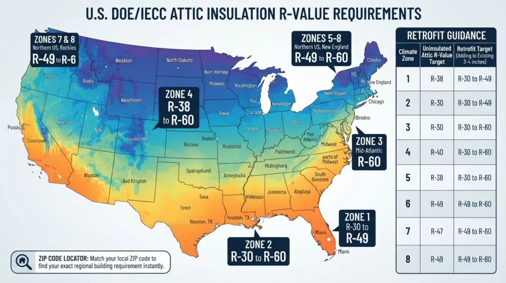 Color-coded U.S. map detailing the Department of Energy climate zones 1 through 8 with recommended attic insulation R-values ranging from R-30 to R-60.