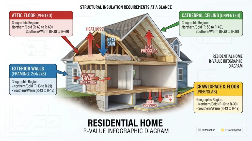 Comprehensive household insulation R-value chart displaying recommended thermal resistance ratings for the attic, exterior walls, cathedral ceilings, and floors across different climate zones.