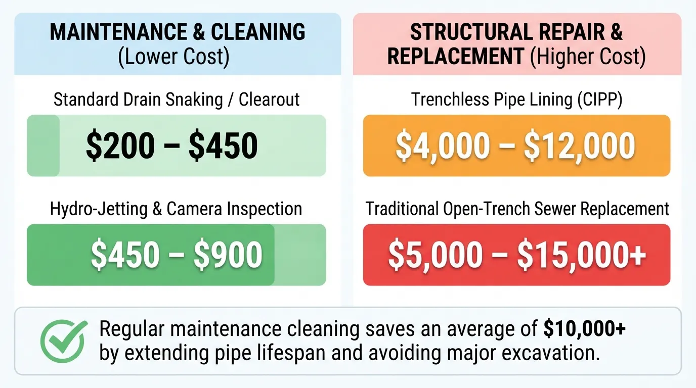 A professional pricing comparison chart showing the 2026 estimated cost breakdown between sewer line drain cleaning, professional hydro-jetting, trenchless pipe lining, and traditional open-trench replacement.