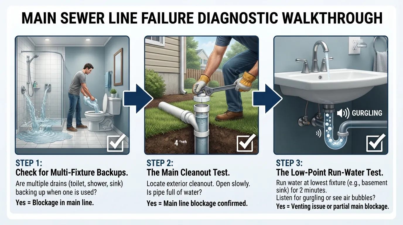 A step-by-step diagnostic chart showing how to identify a main sewer line clog, illustrating the multi-fixture backup test, the exterior cleanout inspection, and the low-point water run test.