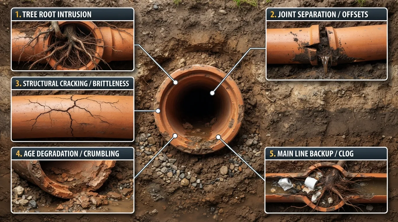 A 5-part visual diagram illustrating the most common clay sewer pipe problems: tree root intrusion, offset joints, structural cracking, age degradation, and a complete line backup.